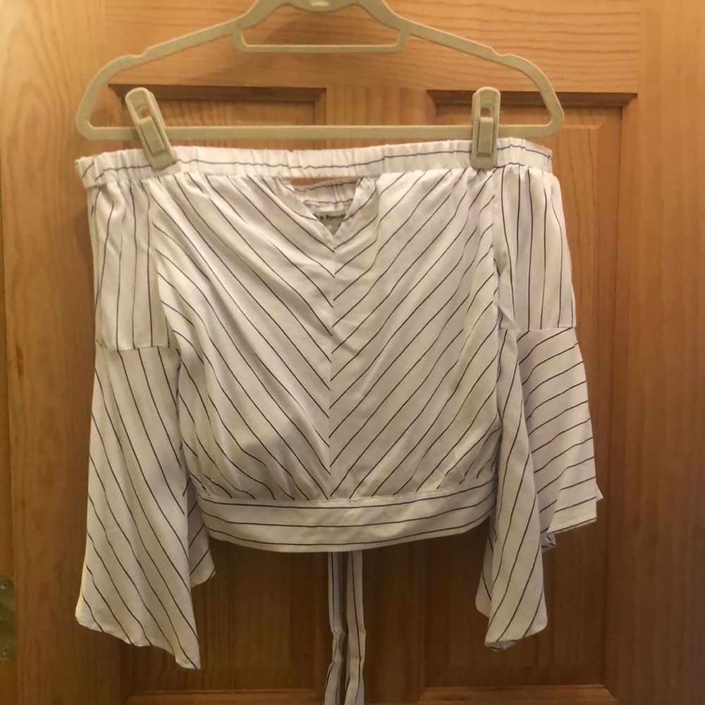 Off shoulder white and navy striped blouse